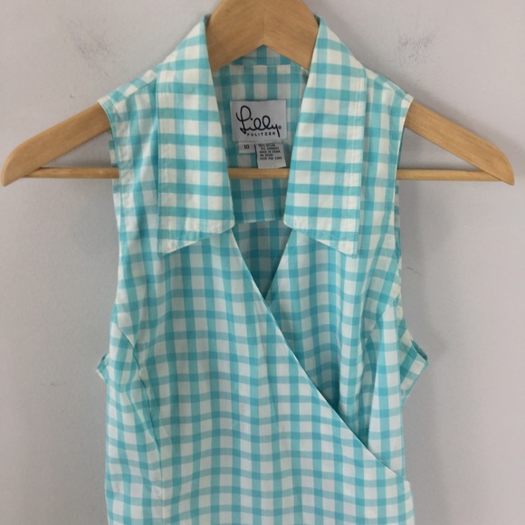 Lilly Pulitzer turquoise collared gingham wrap top - Picture 5 of 10